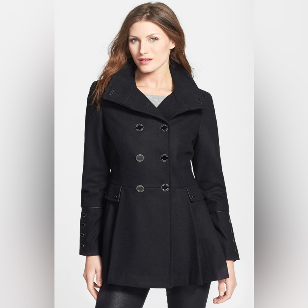 Calvin Klein Pleat Peplum Double Breasted Wool Blend Peacoat